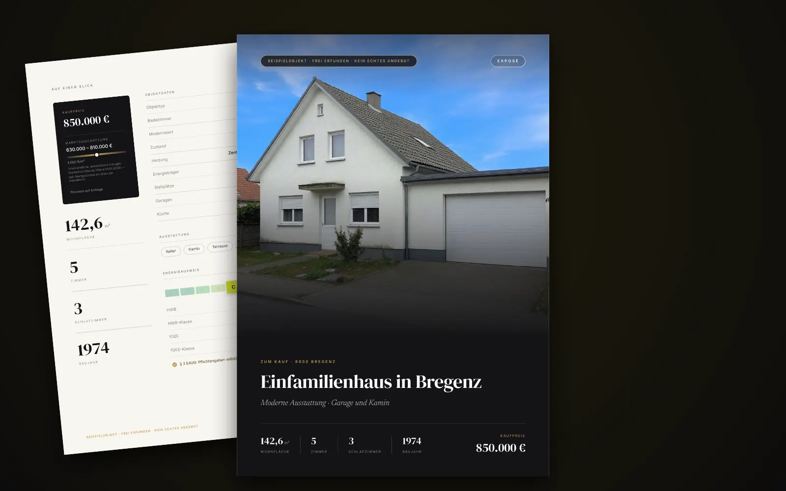 Exposé des Beispielobjekts in Bregenz: Titelseite mit Foto, Titel und Kaufpreis, dahinter zwei weitere Seiten